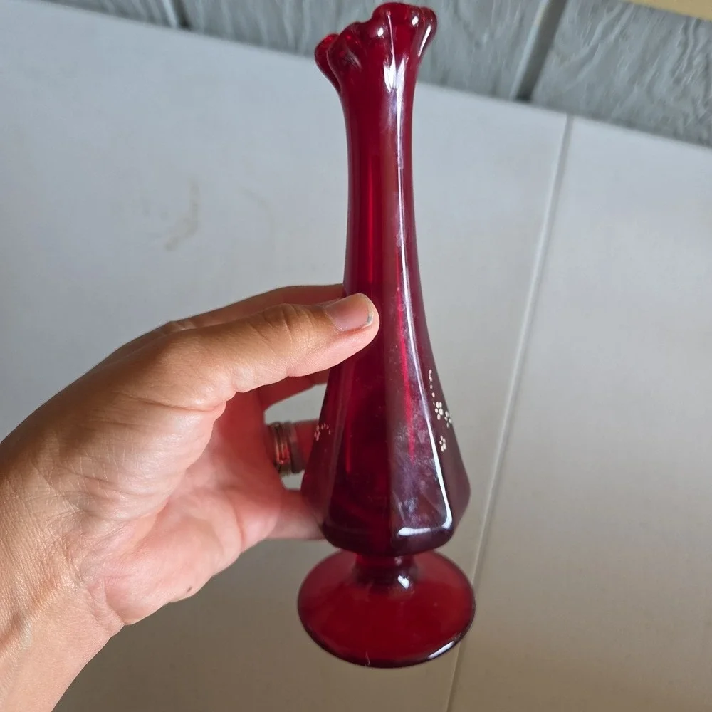 Fenton Ruby Red Swung Bud Crimped Glass Vase Hand-Painted Floral Artist Signed